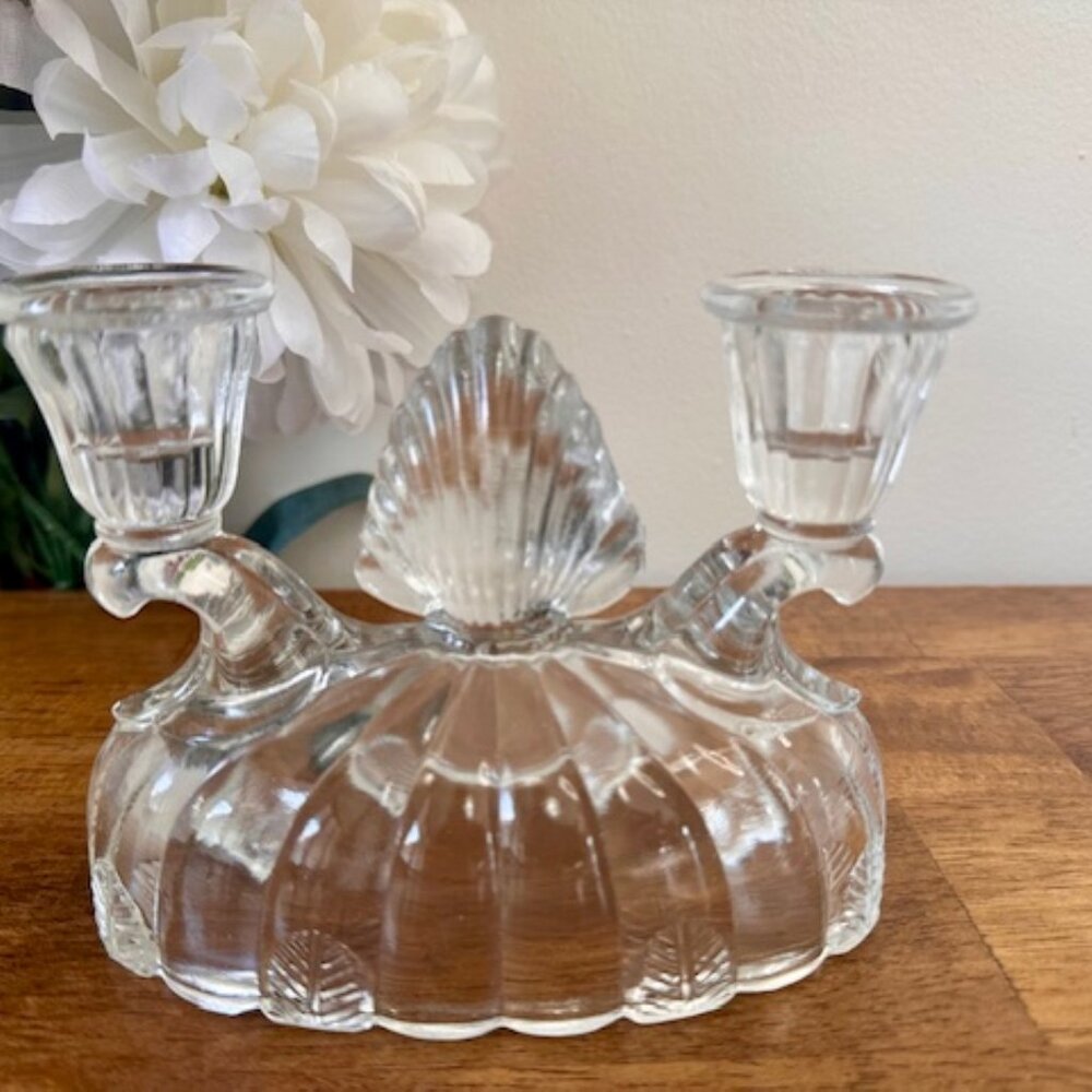 Art Deco‎ L.E. Smith Glass Double Candle Holder Vintage Clear Pressed Glass